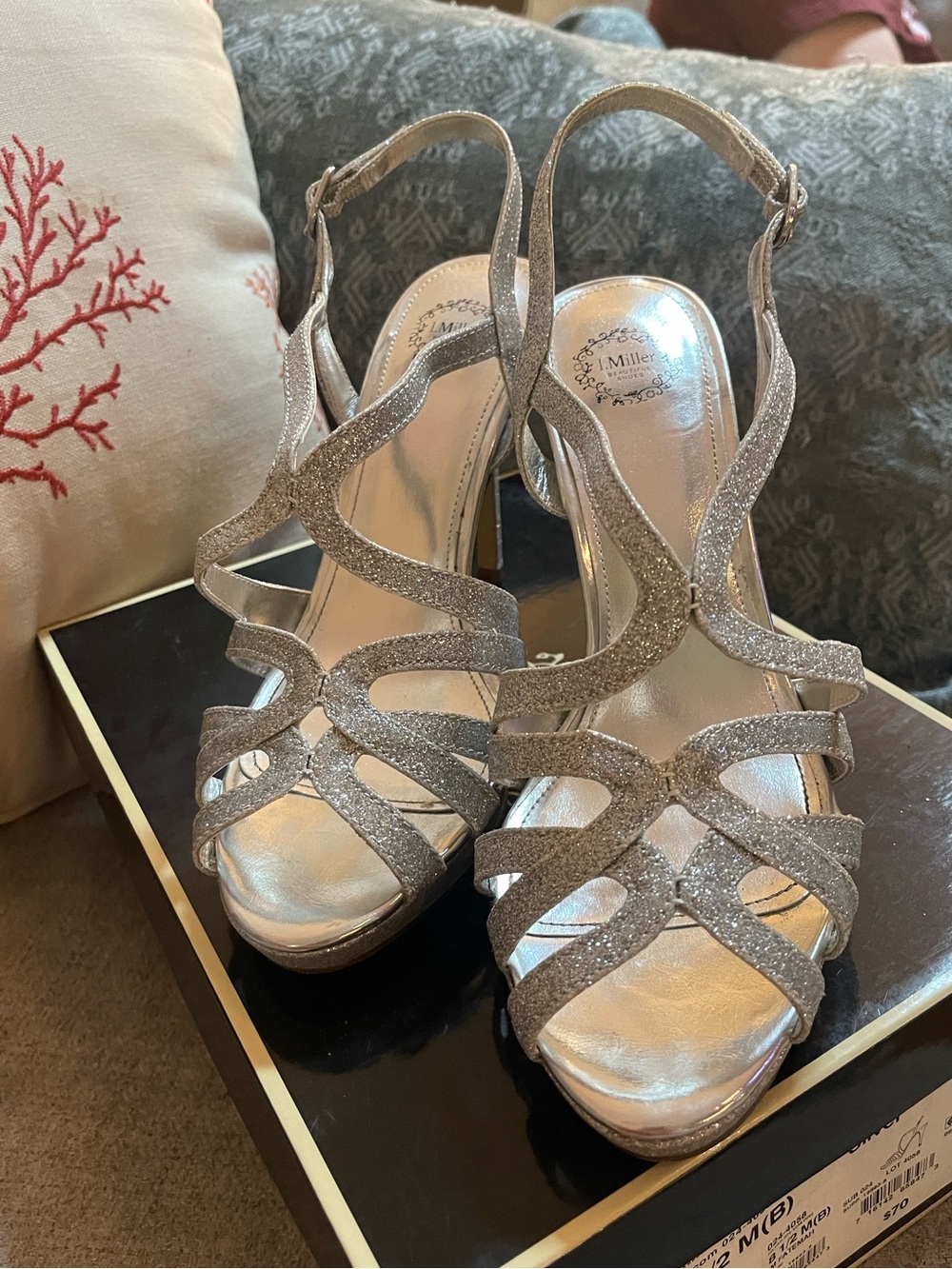 Silver Glitter Strappy Heels by Miller - Women's Dress Sandals